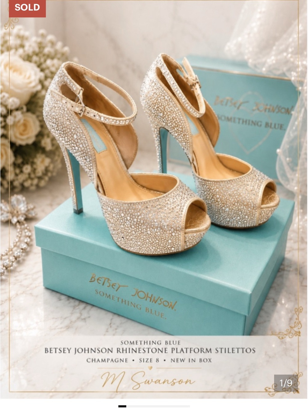 Betsey Johnson Something Blue Rhinestone Platform Heels Champagne Size 8